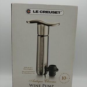 Le Creuset Antique Chrome Wine Pump with 3 Rubber Wine Stoppers NEW